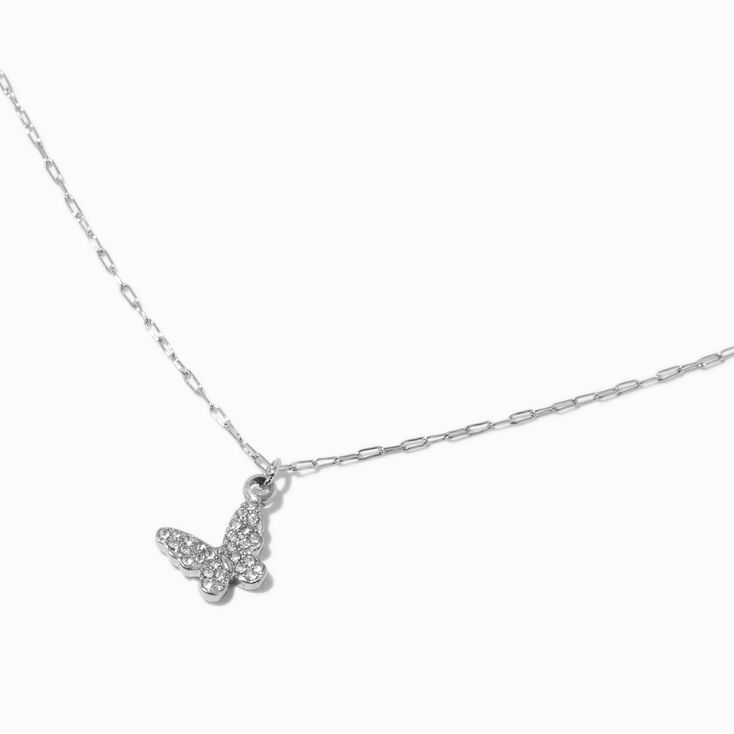 Silver-tone Stainless Steel Pav&eacute; Butterfly Pendant Necklace,
