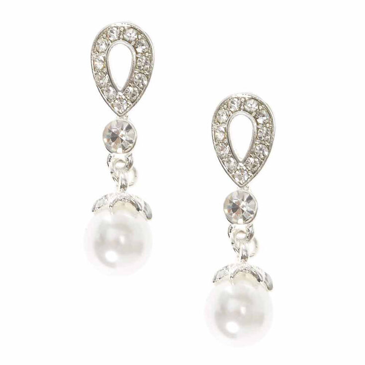 Crystal Teardrop and White Faux Pearl Clip-on Drop Earrings,