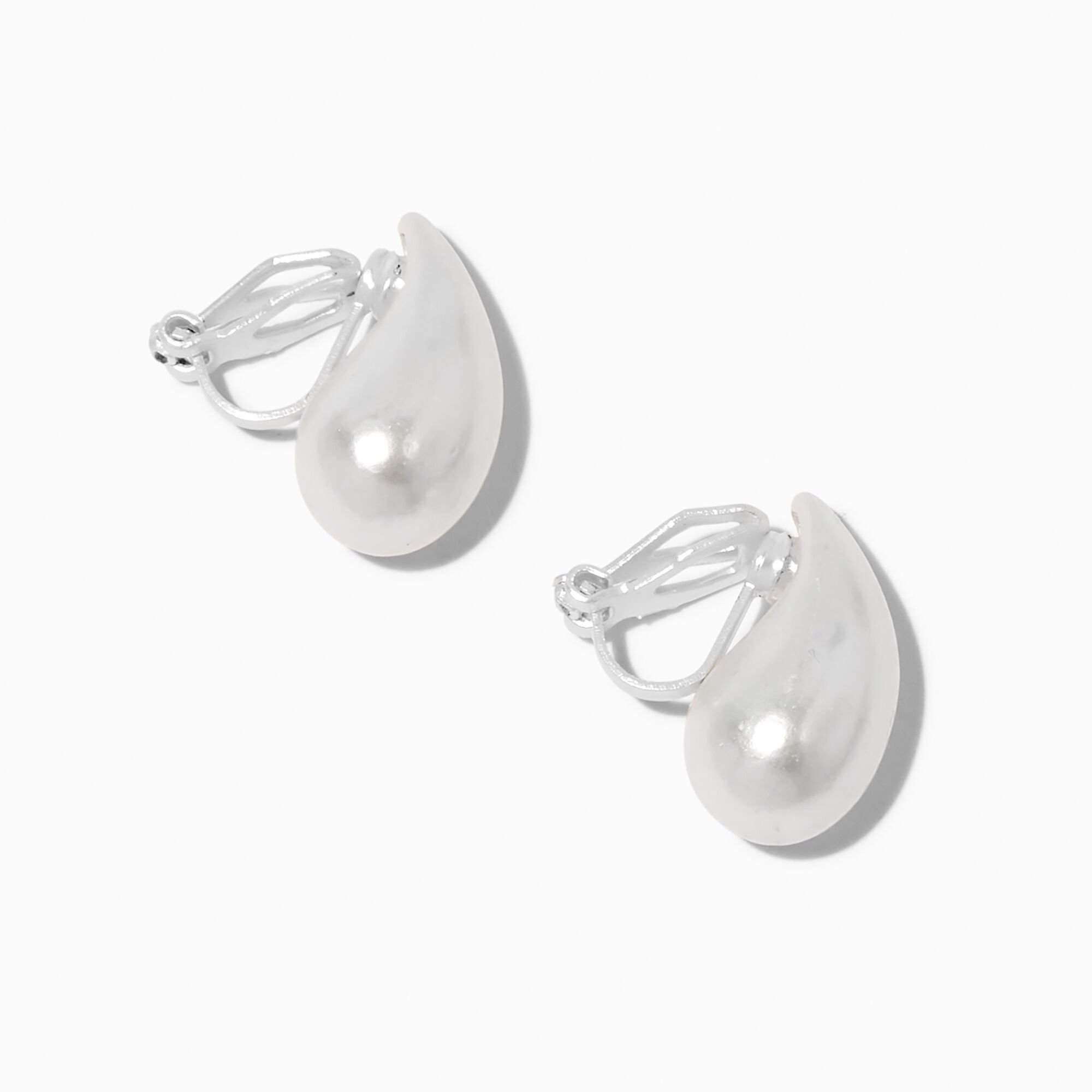 White Pearl Teardrop Bean Clip-On Earrings ,