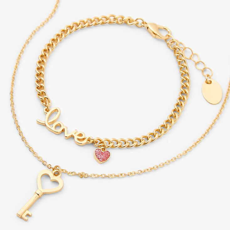 Lot de bijoux &laquo;&nbsp;Love&nbsp;&raquo; cl&eacute; couleur dor&eacute;e - Lot de 2,