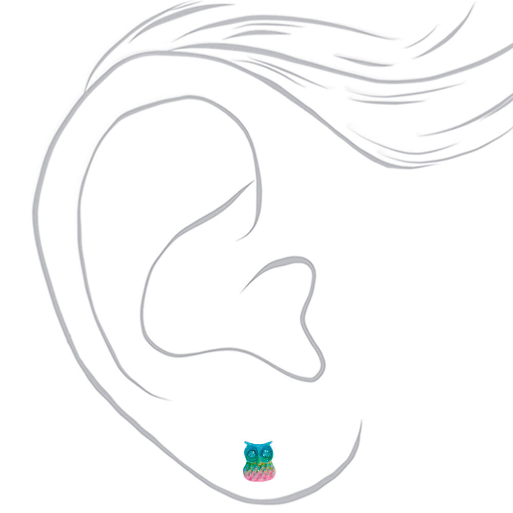 Silver Pastel Rainbow Owl Stud Earrings,
