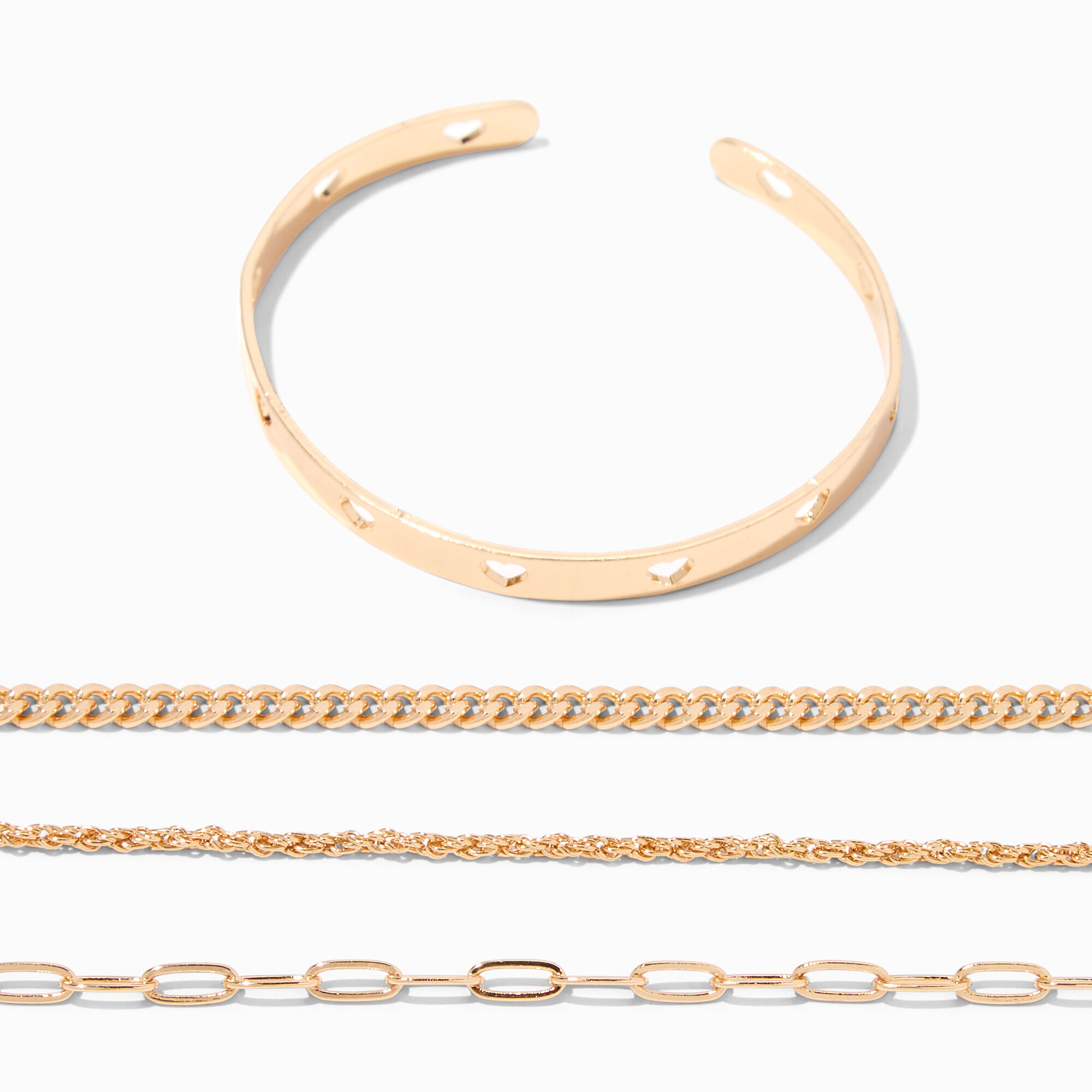 Gold Chain & Heart Cuff Bracelet Set - 4 Pack,