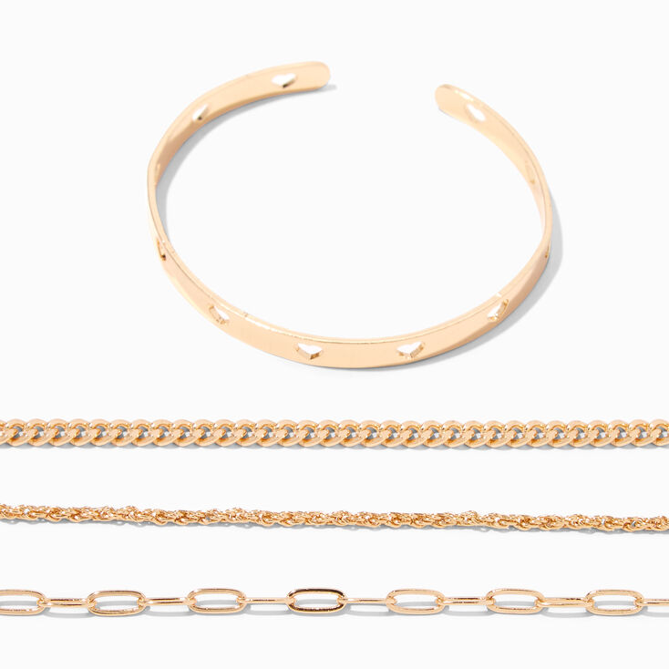 Gold Chain &amp; Heart Cuff Bracelet Set - 4 Pack,