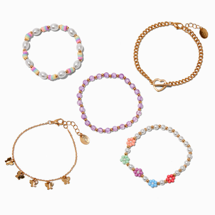 Gold-tone Heart Chain Seed Bead Bracelet Set - 5 Pack,