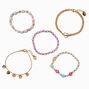 Gold-tone Heart Chain Seed Bead Bracelet Set - 5 Pack,