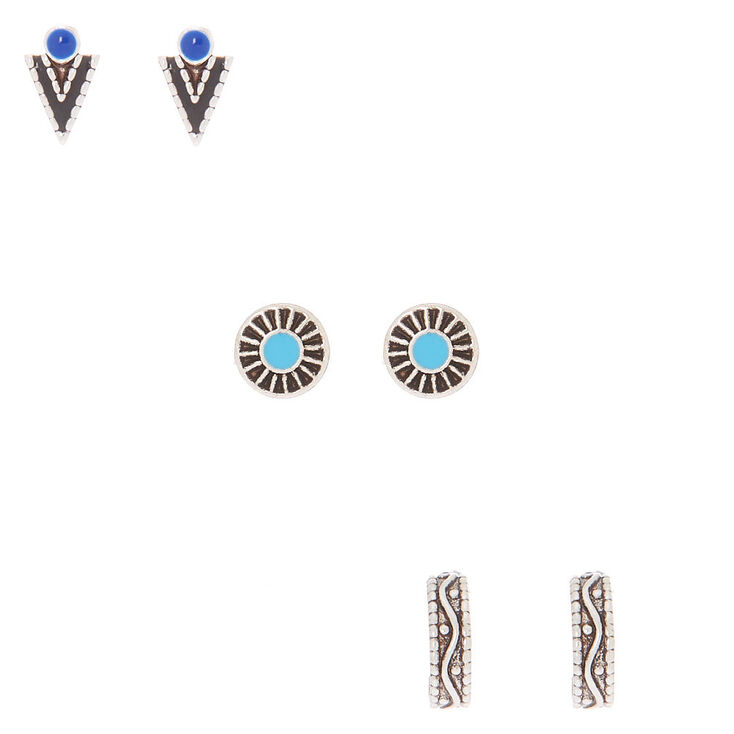 Claire's Lot de 3 clous d'oreille vintage avec cercle, triangle et anneau couleur argenté