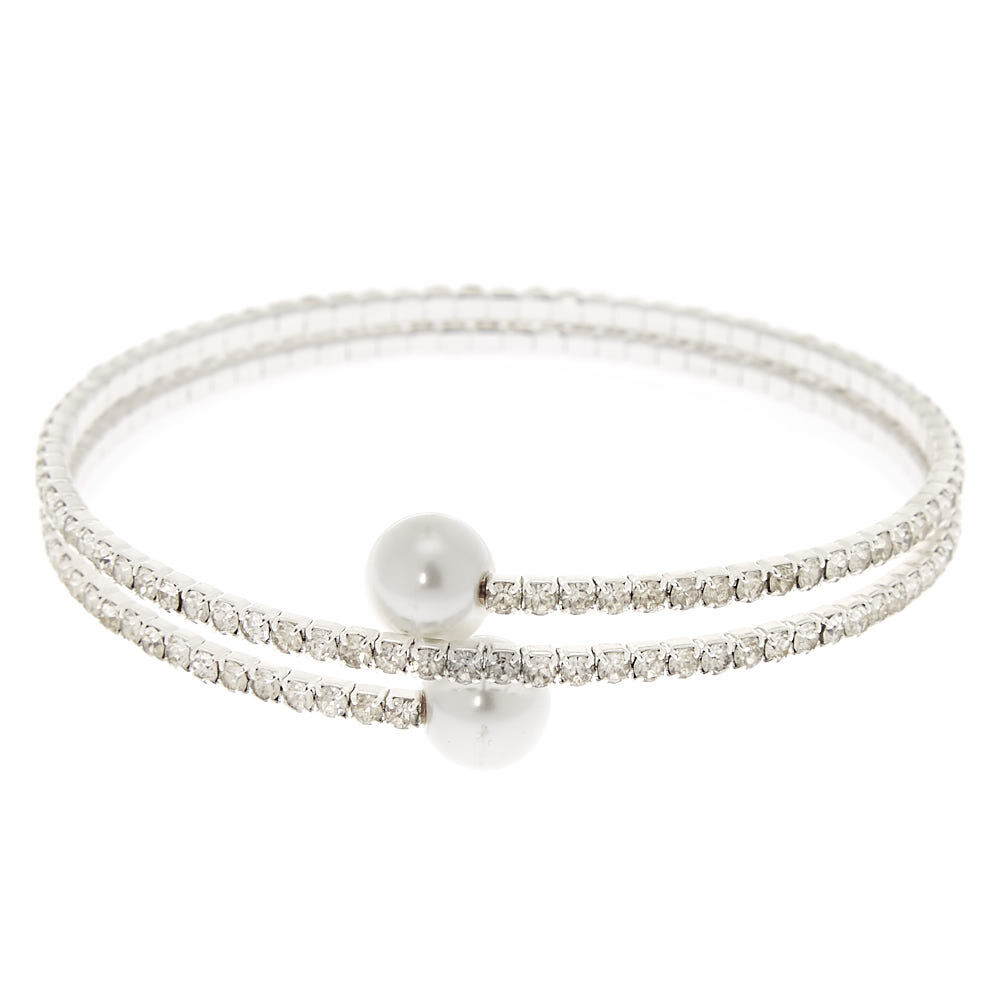 Silver Rhinestone & Pearl Wrap Bracelet,