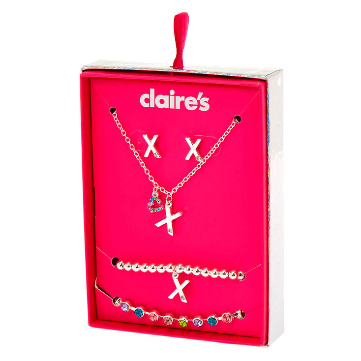 Claire's Coffret cadeau parure de bijoux à initiale X arc-en-ciel couleur argenté - Lot de 4