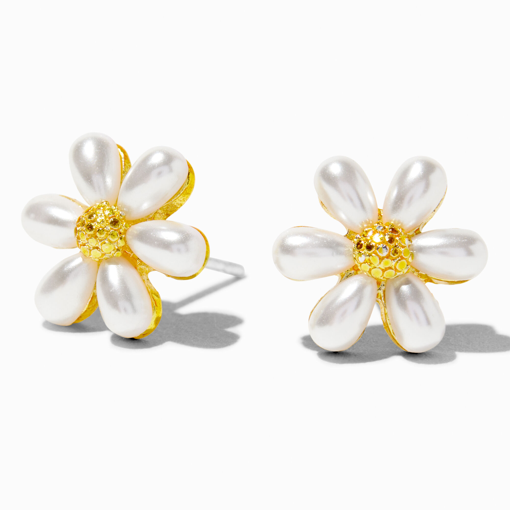 View Claires Tone Pearl Daisy Stud Earrings Gold information