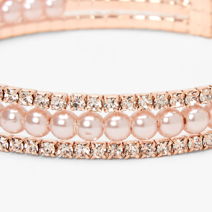 Rose Gold Rhinestone &amp; Pearl Triple Row Cuff Bracelet,