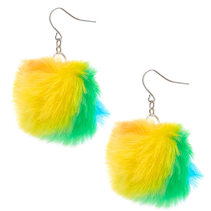Silver 2&quot; Rainbow Pom Pom Drop Earrings,