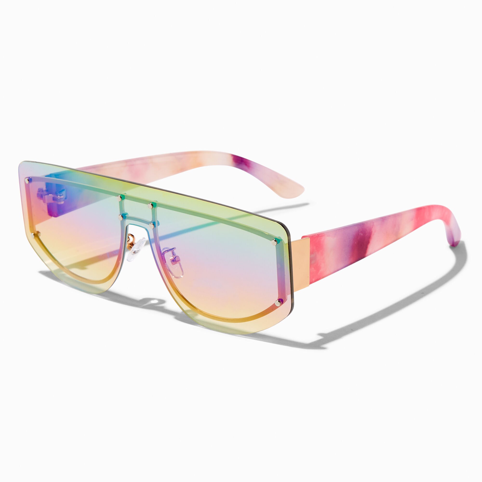 View Claires Tie Dye Faded Lens Shield Sunglasses Rainbow information