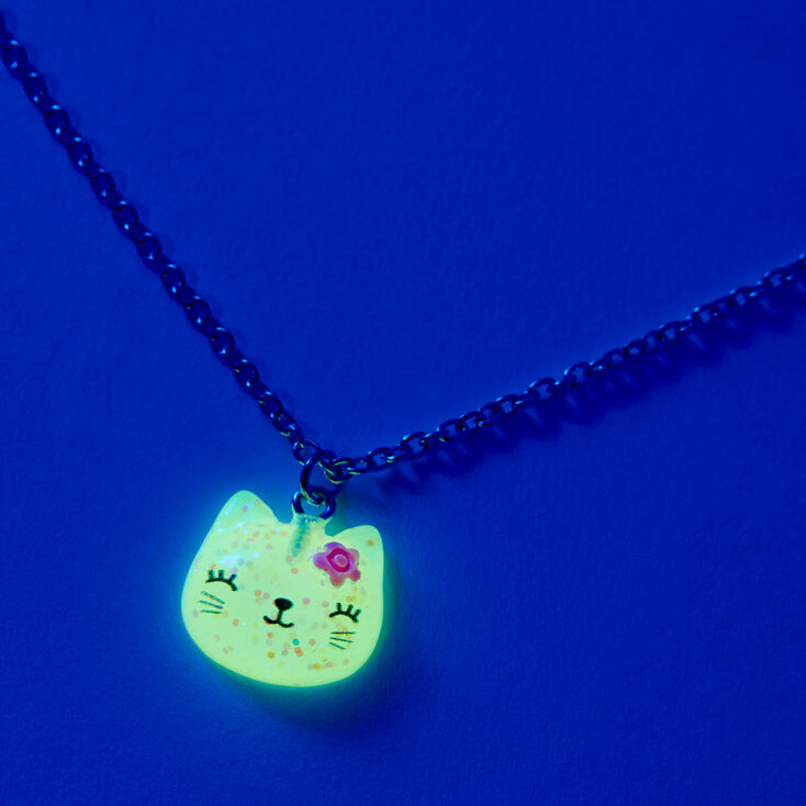 Pink Glow in the Dark Cat Head Pendant Necklace,