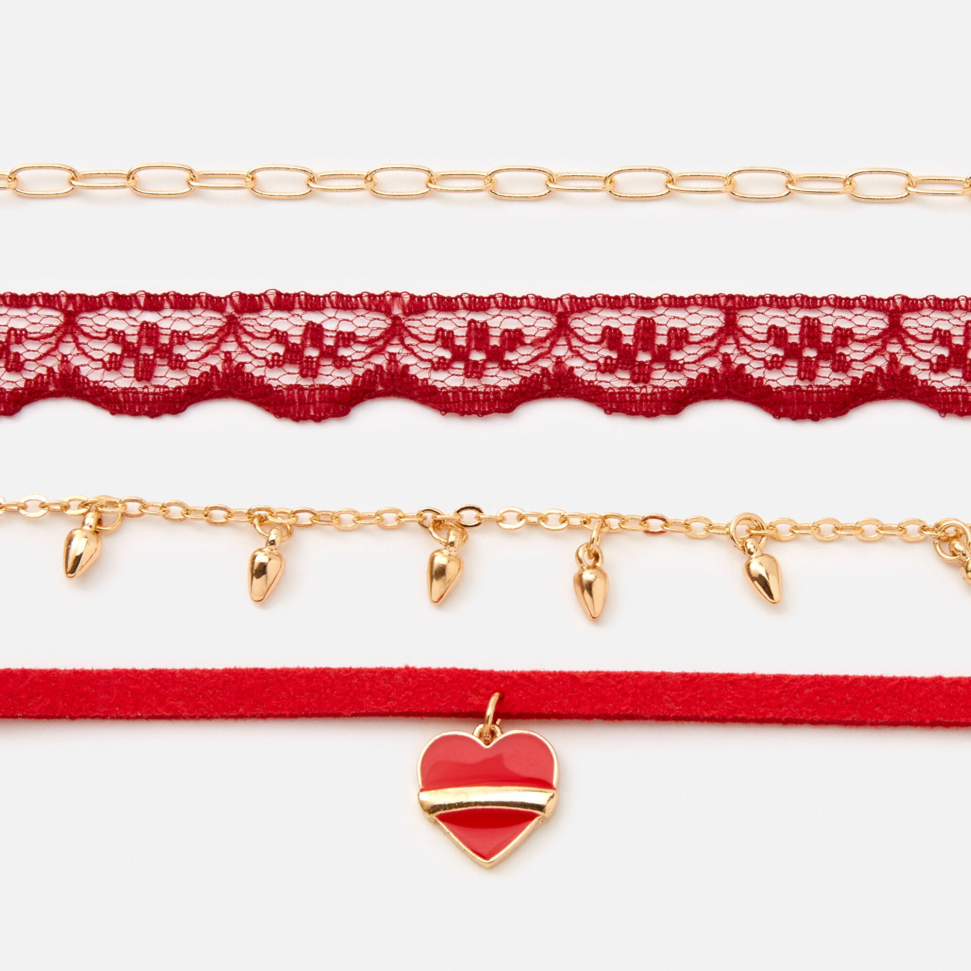 Red Enamel Heart Mixed Choker Necklaces - 4 Pack,