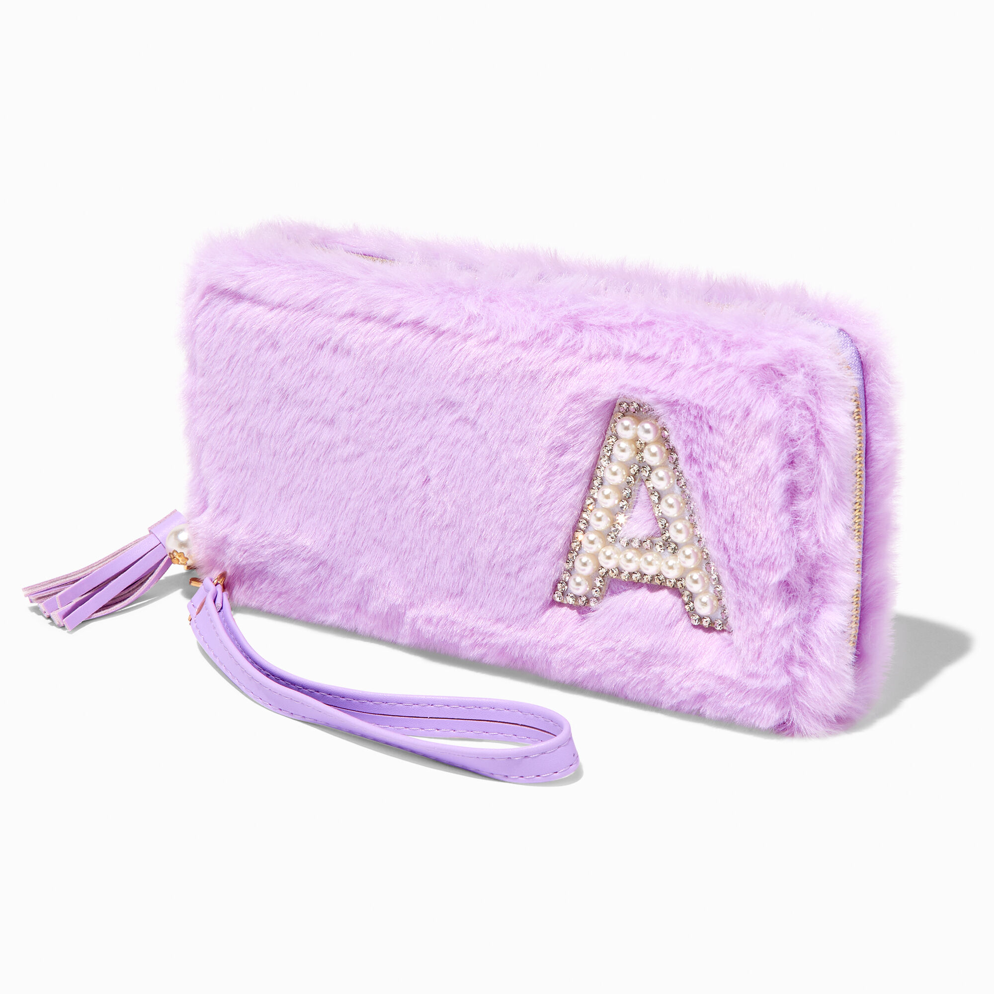 Lavender Furry Pearl Initial Wristlet Wallet A