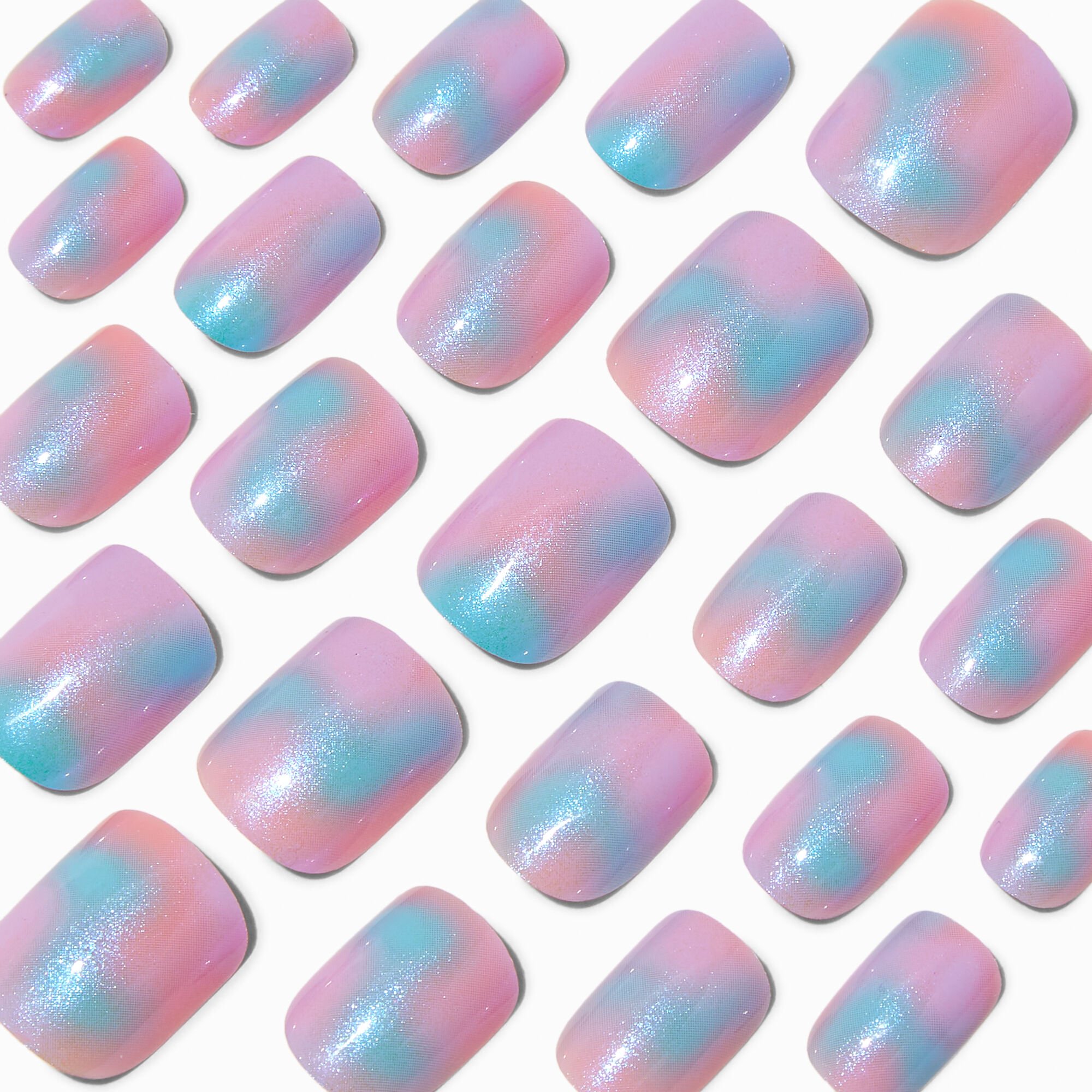 Holographic Glazed Short Square Vegan Faux Nail Set - 24 Pack,