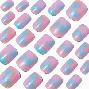 Holographic Glazed Short Square Vegan Faux Nail Set - 24 Pack,
