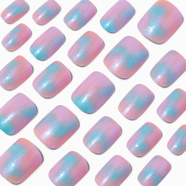 Holographic Glazed Short Square Vegan Faux Nail Set - 24 Pack,