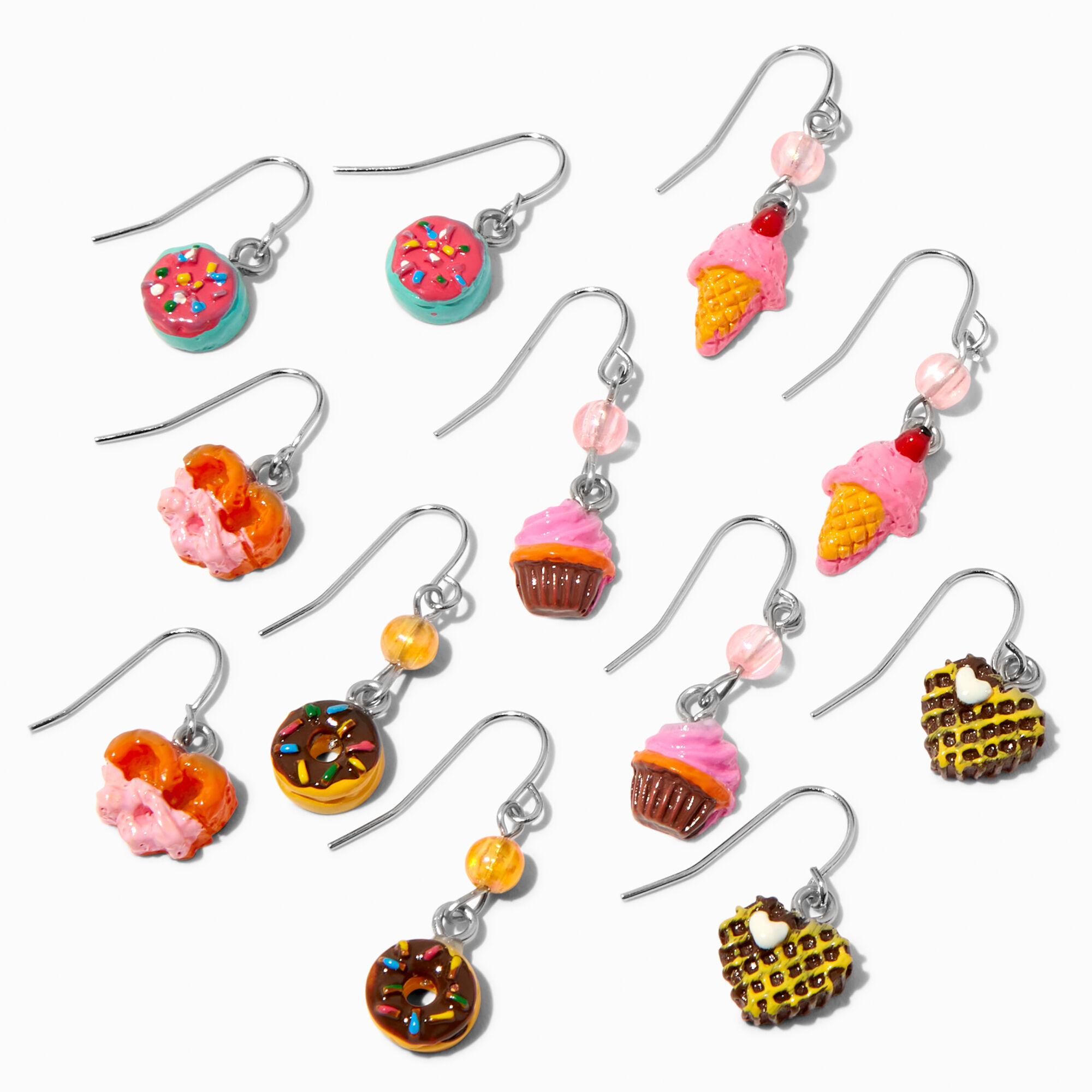 View Claires Tone 1 Breakfast Food Drop Earrings 6 Pack Silver information