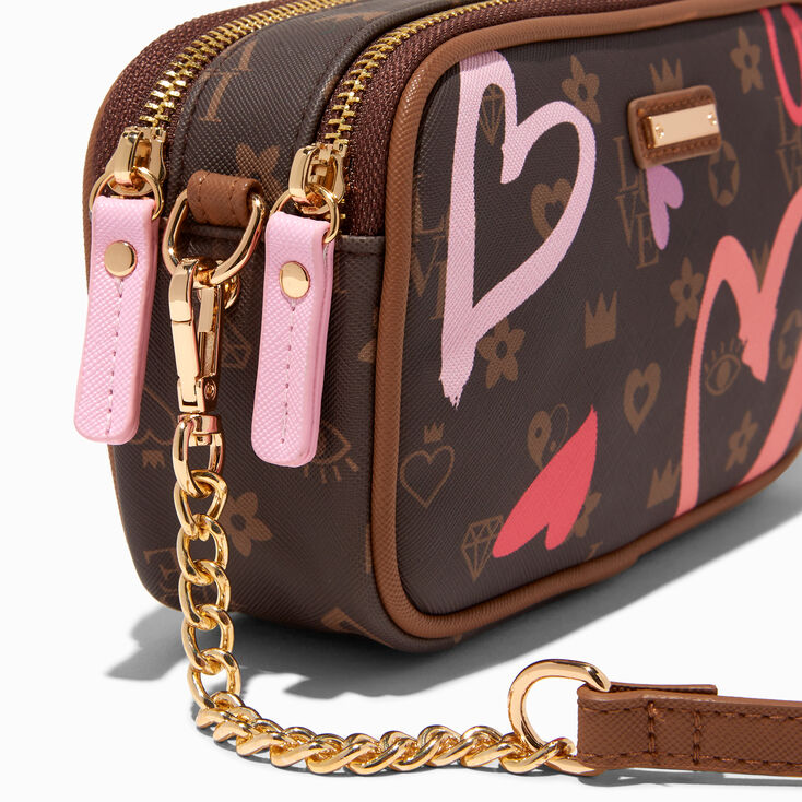 Claire's Status Icons & Hearts Camera Style Crossbody Bag | Brown
