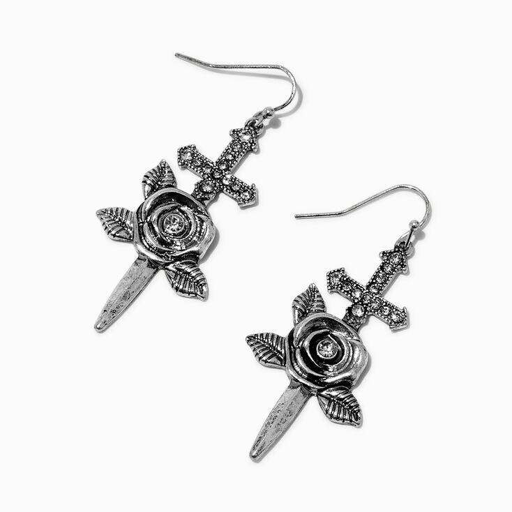Silver-tone Dagger &amp; Rose Drop Earrings ,