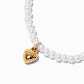 Gold-tone Heart &amp; Pearl Beaded Stretch Bracelet,