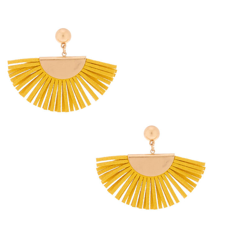 Gold Suede Fan Drop Earrings - Mustard,