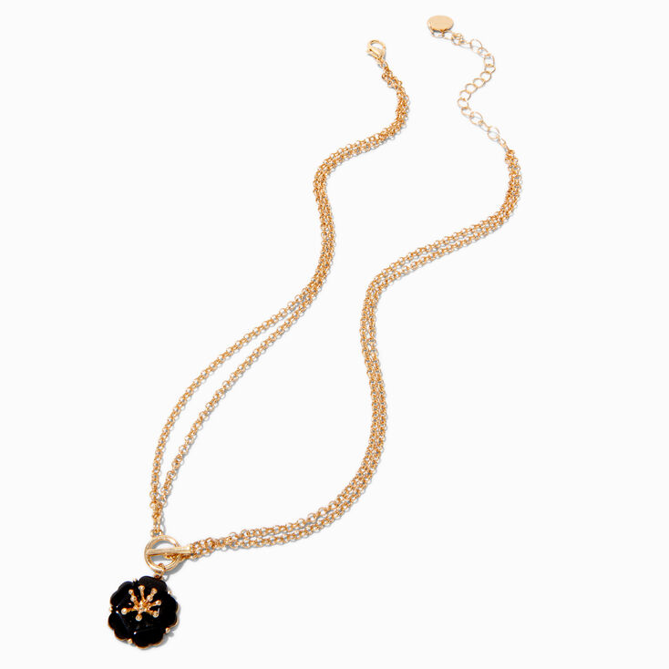 Collier multi-rangs &agrave; pendentif fleur et barre en T couleur dor&eacute;e,