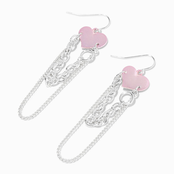 Pink Heart Silver Chains 3&quot; Drop Earrings,