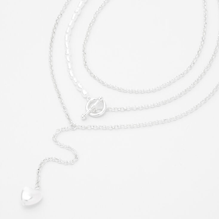 Claire's Collier multi-rangs avec chaîne cœur et perles d’imitation couleur argentée