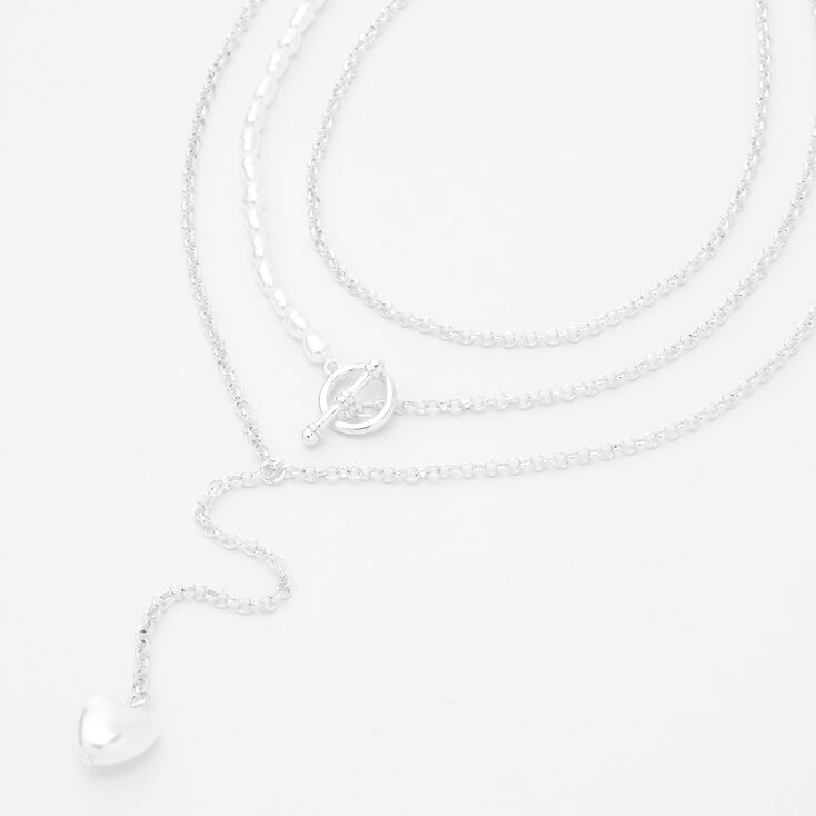 Silver Pearl Heart Chain Multi Strand Necklace,