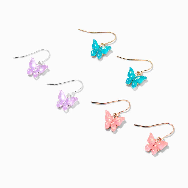 Mixed Metal 1&quot; Neon Butterfly Drop Earrings - 3 Pack,