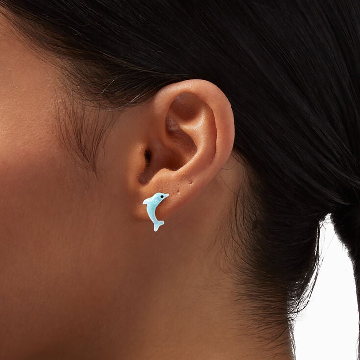 Blue Glitter Dolphin Stud Earrings,