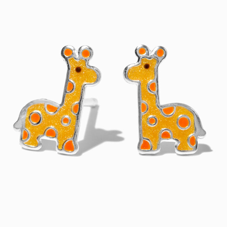 Clous d&#39;oreilles girafe &eacute;maill&eacute;s couleur argent&eacute;e,