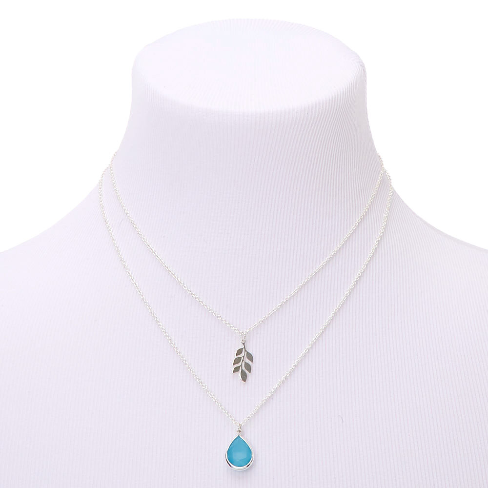 Silver Leaf Teardrop Stone Multi Strand Pendant Necklace - Turquoise,