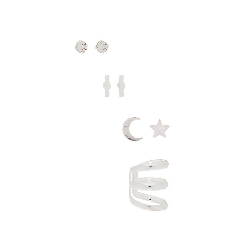 Silver Stud Earrings - 3 Pack + Free Ear Cuff,