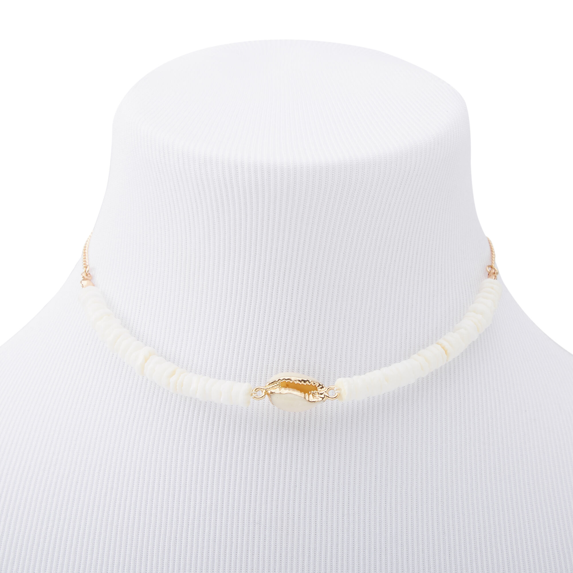 Gold Puka & Cowrie Shell Beaded Choker Necklace - White,