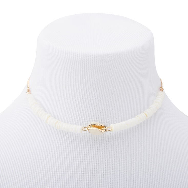 Gold Puka &amp; Cowrie Shell Beaded Choker Necklace - White,