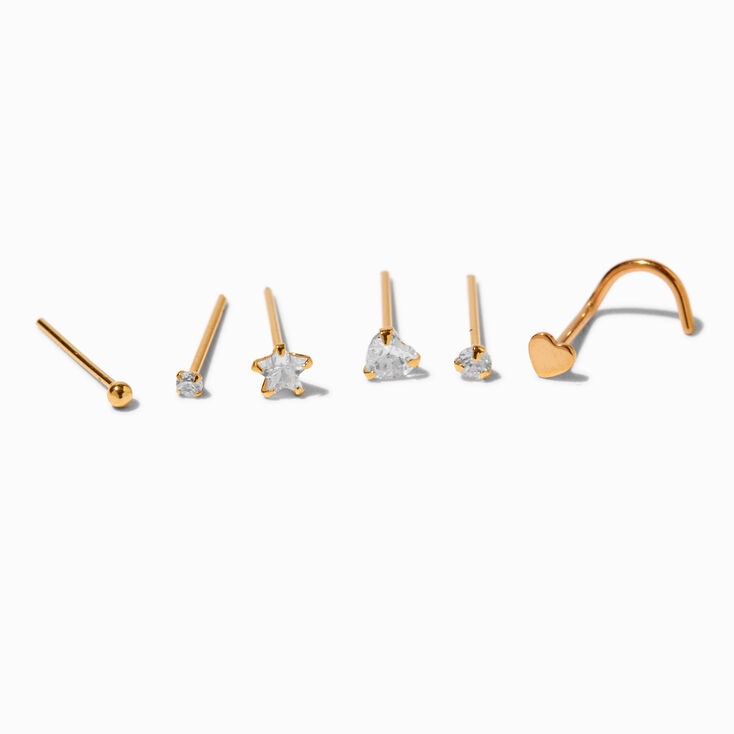 22G Gold-tone Sterling Silver Mixed Crystal Nose Studs - 6 Pack ,