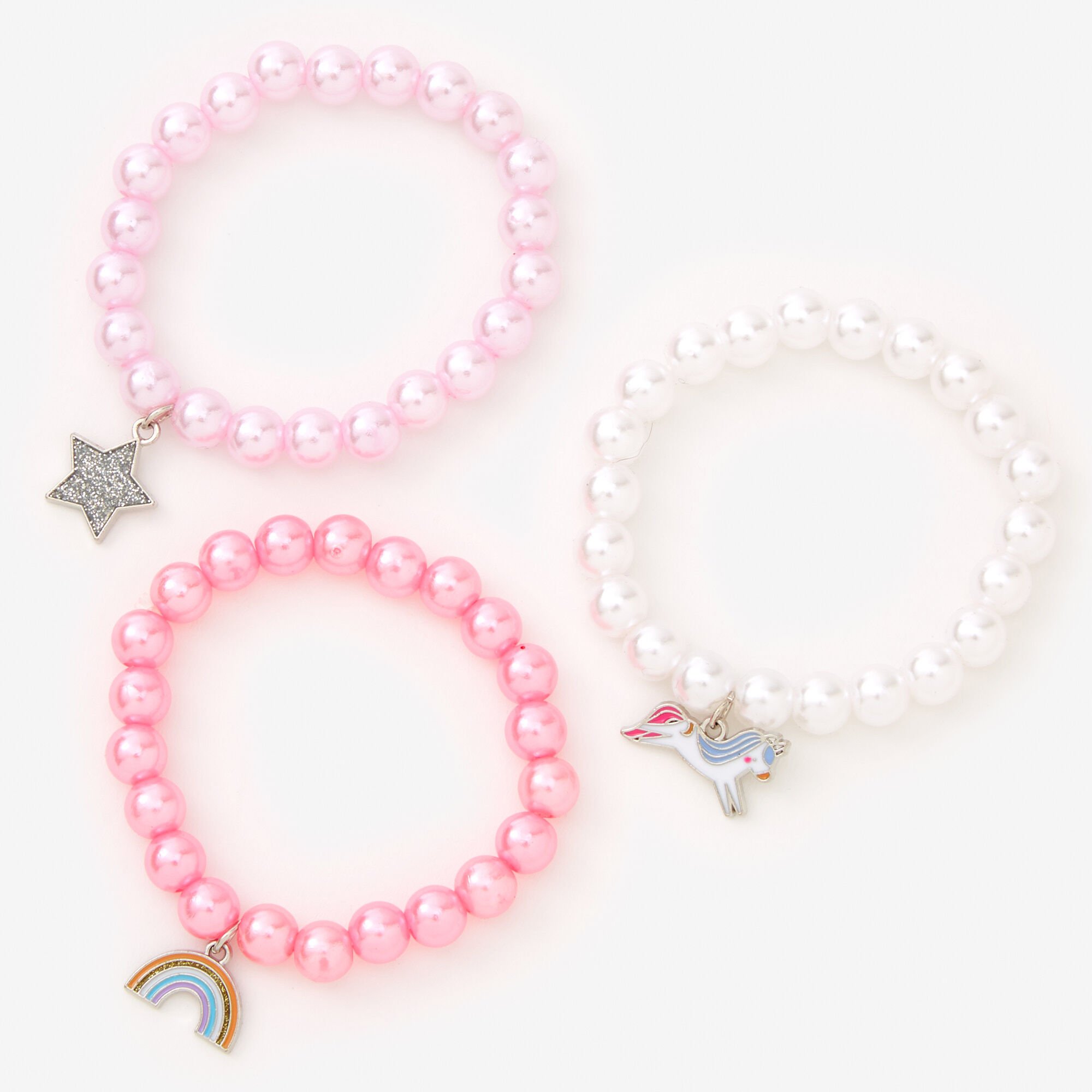 View Claires Club Monochromatic Unicorn Beaded Stretch Bracelets 3 Pack Pink information