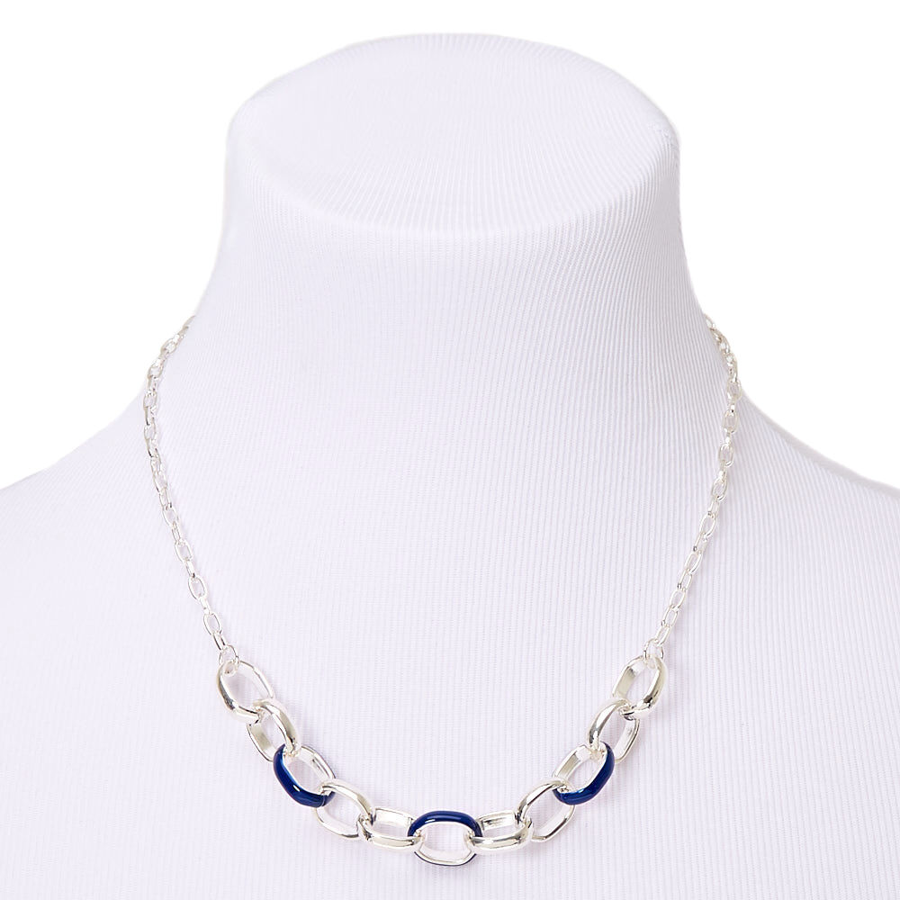 Silver Enamel Chain Link Statement Necklace - Navy,
