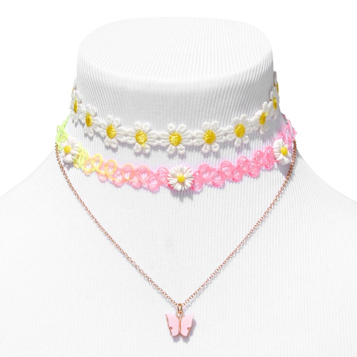 Daisy Chokers &amp; Pink Butterfly Pendant Necklaces &#40;3 Pack&#41;,