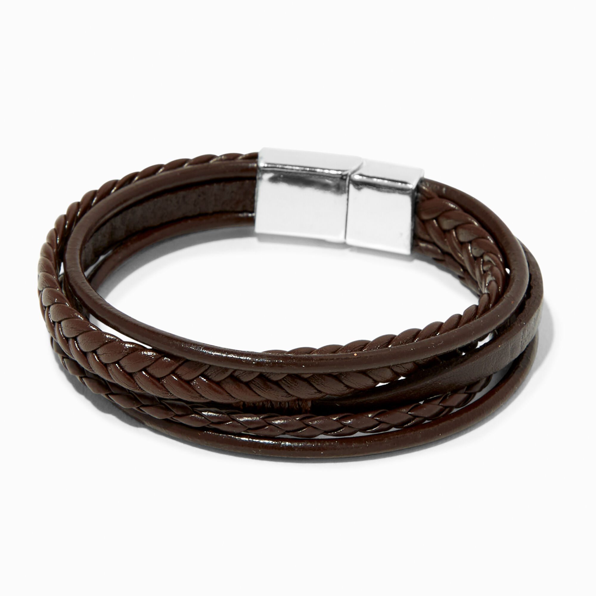 View Claires Leather Look Braided Wrap Bracelet Brown information