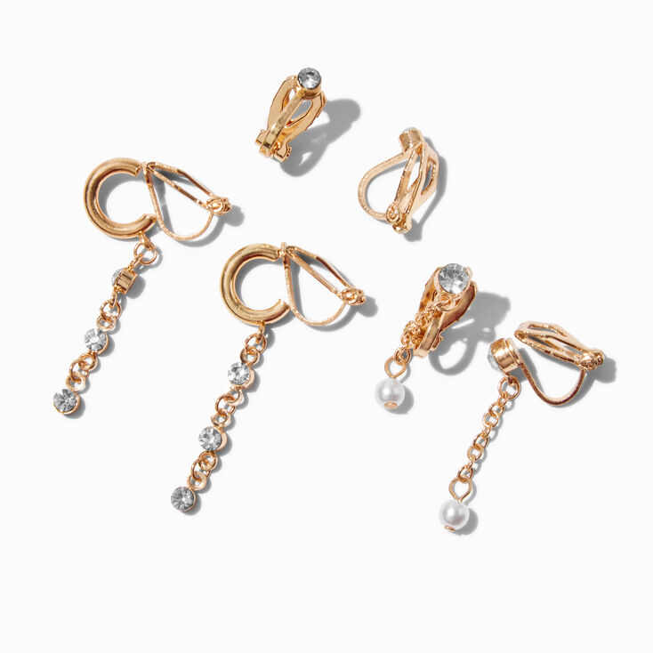 Gold-tone Embellished Chain Clip-On Stud Earrings - 3 Pack,