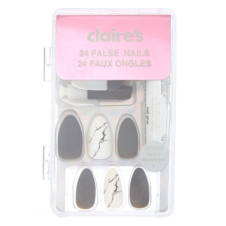 Matte Marble Stiletto Faux Nail Set - Gray, 24 Pack,