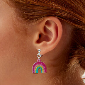 Silver-tone Glitter Rainbow 1&#39;&#39; Clip-On Drop Earrings,
