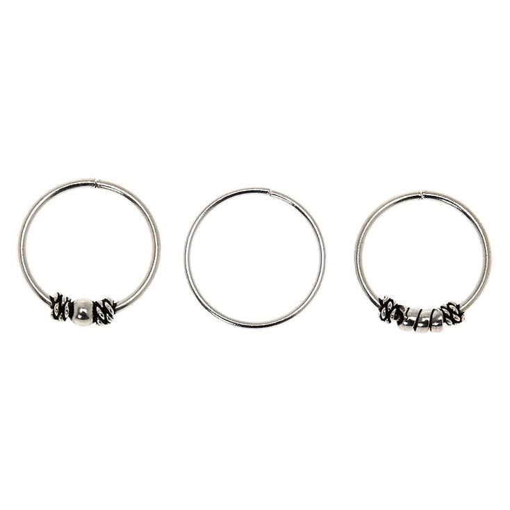 22G Sterling Silver Bali Beaded Hoop Nose Rings - 3 Pack,