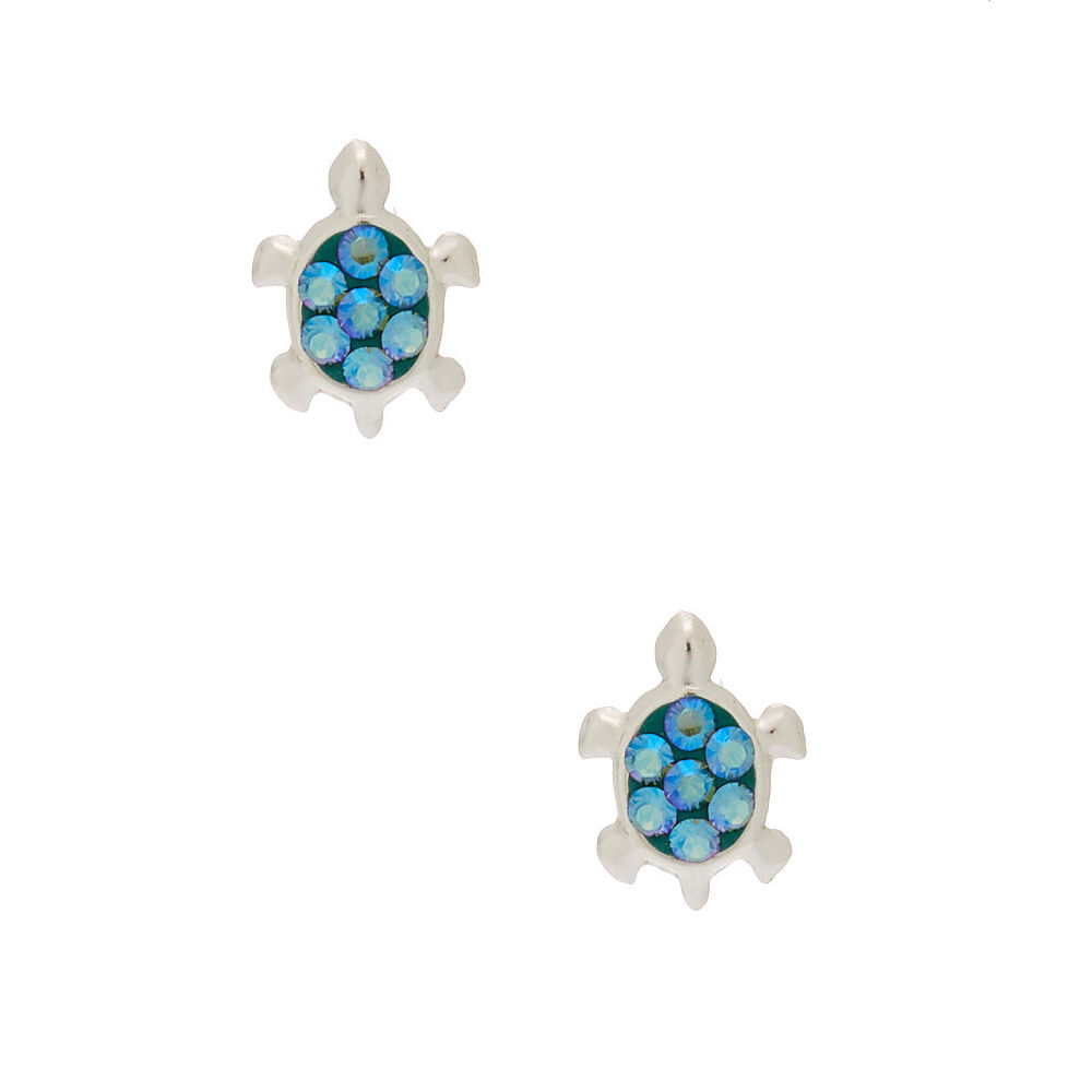 Sterling Silver Embellished Turtle Stud Earrings  Green  Claires US