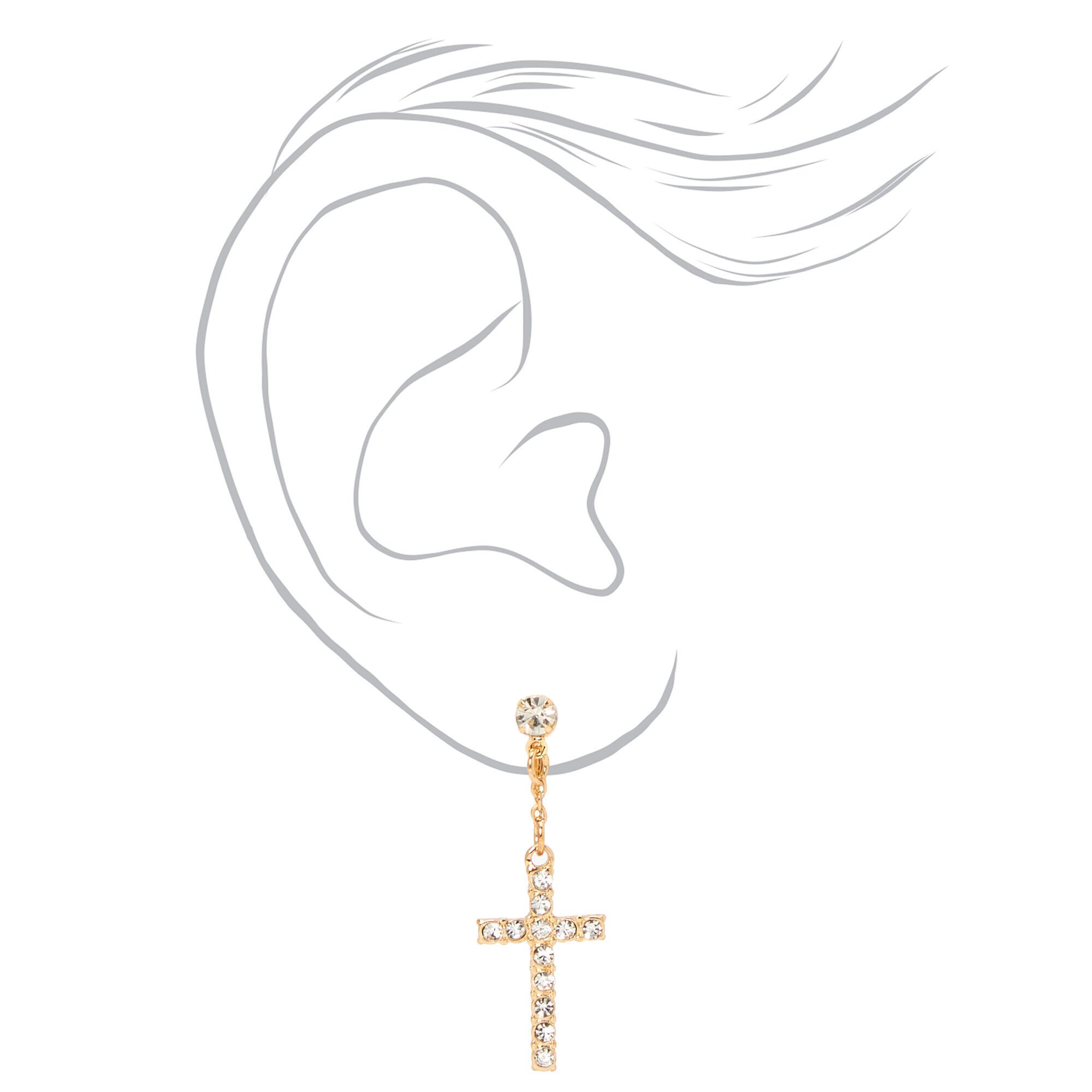 Gold-tone Crystal Cross Clip-On 1.5" Drop Earrings,