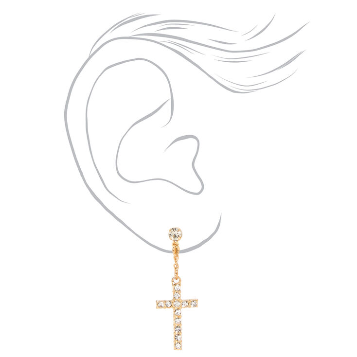 Gold-tone Crystal Cross Clip-On 1.5&quot; Drop Earrings,